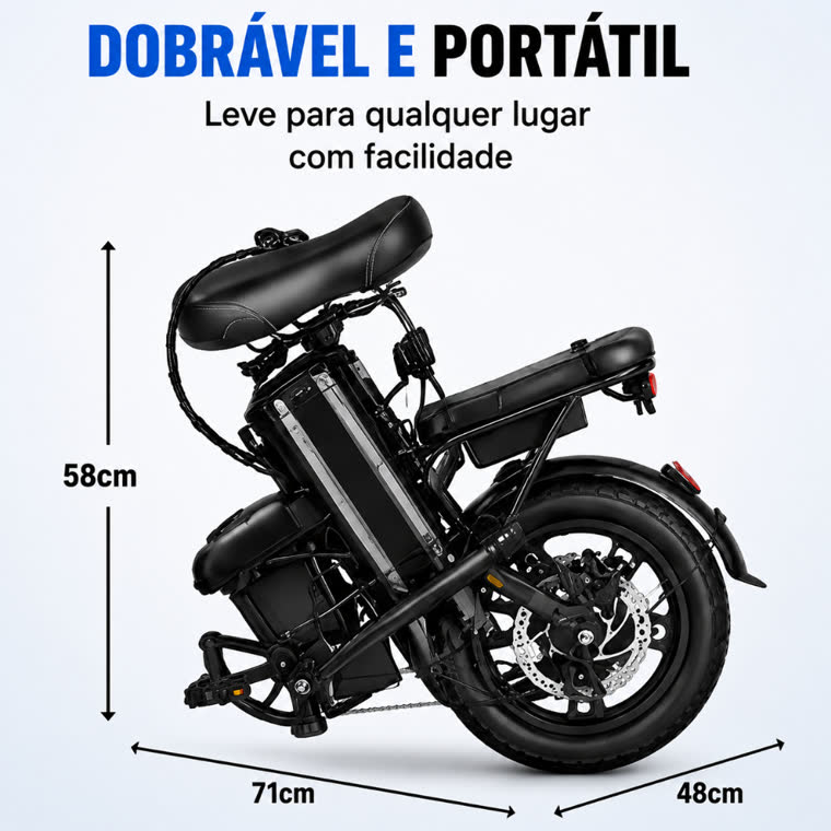 Bicicleta dobrada nas medidas 58 por 71 por 48 centímetros